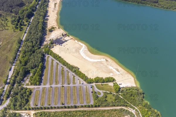 Aerial view, Silbersee II with sandy lido and lido, Lehmbraken, Haltern am See, Ruhr area, North