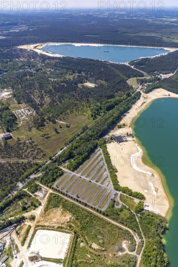 Aerial view, Silbersee II with sandy lido and lido, Lehmbraken, Haltern am See, Ruhr area, North