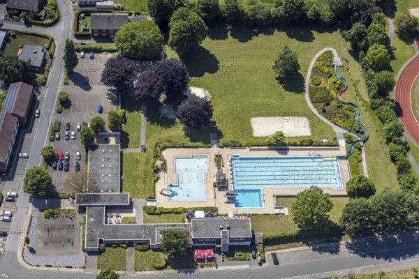 Aerial view, open-air swimming pool Sythen, Haltern am See, Ruhr area, North Rhine-Westphalia,