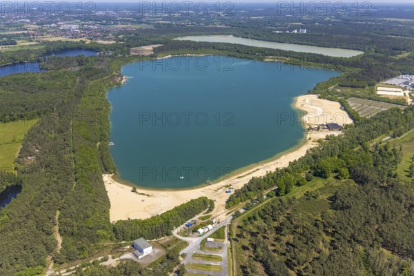 Aerial view, Silbersee II with sandy lido and lido, Lehmbraken, Haltern am See, Ruhr area, North