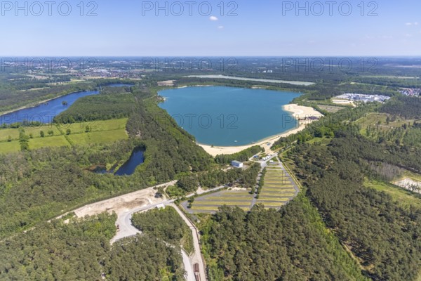 Aerial view, Silbersee II with sandy lido and lido, Lehmbraken, Haltern am See, Ruhr area, North