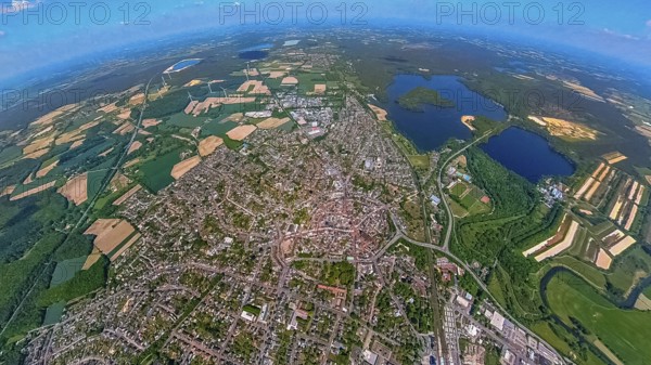 Aerial view, fisheye view of the old town and the Haltern reservoir, Haltern town, Haltern am See,