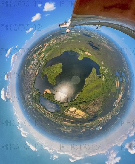 Aerial view, fisheye view of Haltern reservoir with motorised glider, Haltern town, Haltern am See,