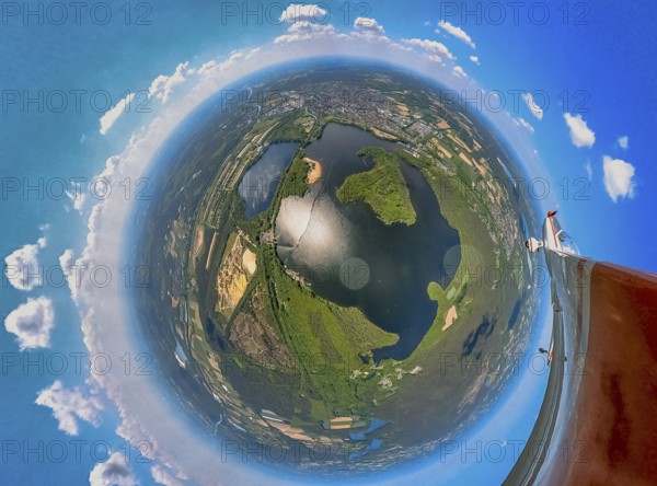 Aerial view, fisheye view of Haltern reservoir with motorised glider, Haltern town, Haltern am See,