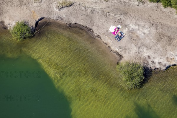 Aerial view, rocky beach at Silbersee II, Lehmbraken, Haltern am See, Ruhr area, North