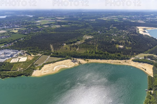 Aerial view, Silbersee II with sandy lido and lido, Lehmbraken, Haltern am See, Ruhr area, North