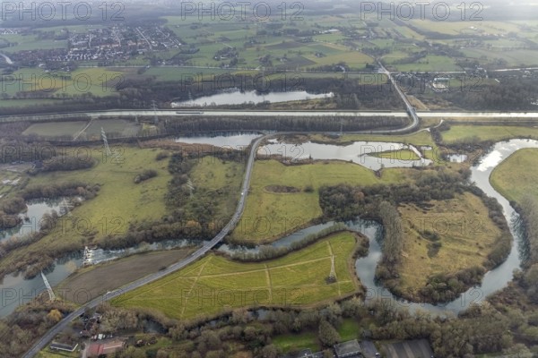 Aerial view of the nature reserve Am Tibaum, river Lippe meander and Datteln-Hamm canal, water weir