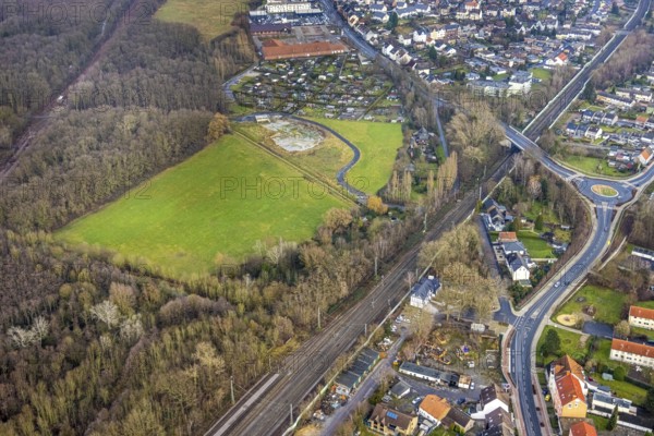 Aerial view source of Hoppeibach at Pelkum railway station with field and building area Kamemer