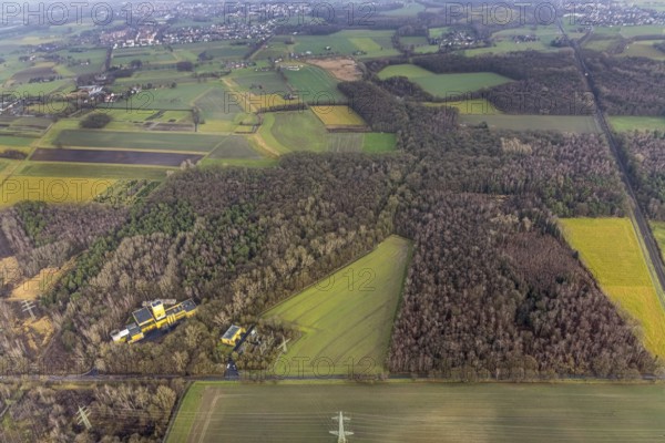 Aerial view of Ost Schacht Sandbochum mine in a forest area, steag substation Sandbochum,