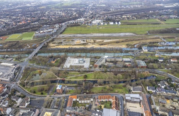 Aerial view construction area new water sports centre on Adenauerallee at Hammonense grammar school