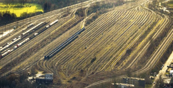 Aerial view shunting yard and freight yard in backlight in Hamm, Ruhr area, North Rhine-Westphalia,
