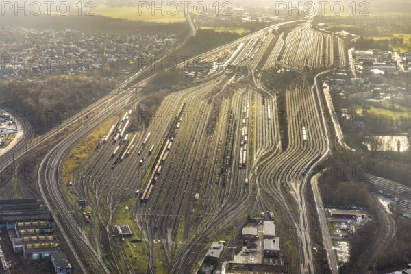 Aerial view shunting yard and freight yard in backlight in Hamm, Ruhr area, North Rhine-Westphalia,