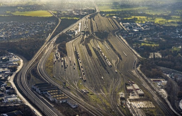 Aerial view shunting yard and freight yard in backlight in Hamm, Ruhr area, North Rhine-Westphalia,