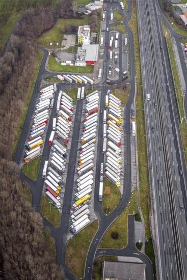 Aerial view motorway service area Rhynern-Nord and Rhynern-Süd on the A2 motorway, truck parking,
