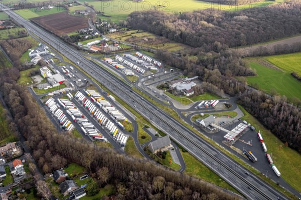 Aerial view motorway service area Rhynern-Nord and Rhynern-Süd on the A2 motorway, truck parking,