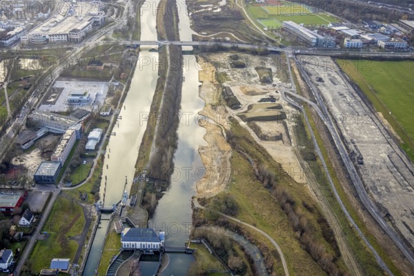 Aerial view construction area new building water sports centre at Adenauerallee at Hammonense