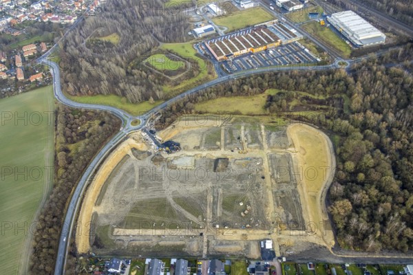 Construction area at Sachsenring with roundabout with housing estate in the district of Heessen in