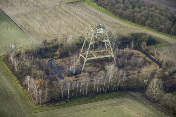 Aerial view Radbod colliery shaft 6, sinking tower field Donar farm Kurrick on Nordicker Straße in