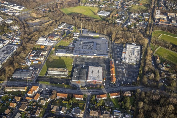 Aerial view commercial centre and Kaufland and shopping markets Römerstraße in Hamm, Ruhr area,