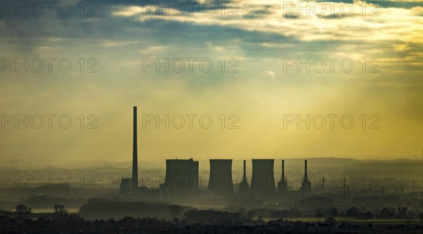 Aerial view of RWE Power AG power plant Gersteinwerk in backlight in Hamm, Ruhr area, North