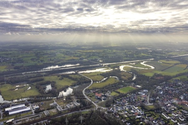 Aerial view of the nature reserve Am Tibaum, river Lippe meander and Datteln-Hamm canal, water weir