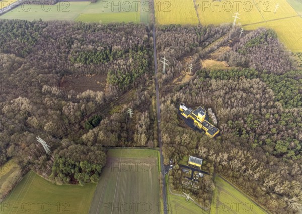 Aerial view of Ost Schacht Sandbochum mine in a forest area, steag substation Sandbochum,