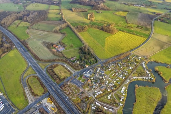 Aerial view motorway A2 with motorway junction Hamm-Uentrop and planned industrial area Westfalen