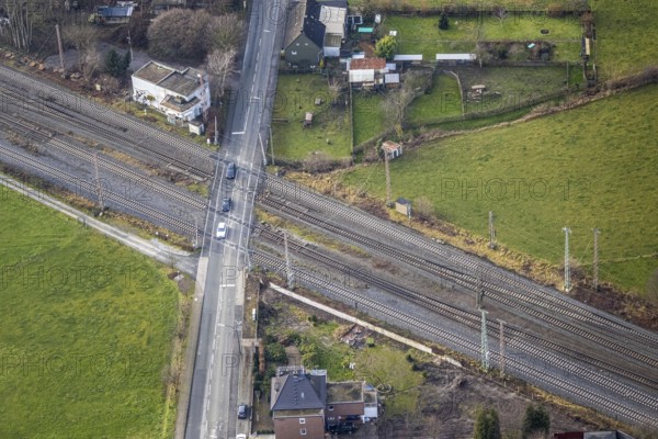 Aerial view railway crossing Wiescherhöfener Straße in Hamm, Ruhr area, North Rhine-Westphalia,