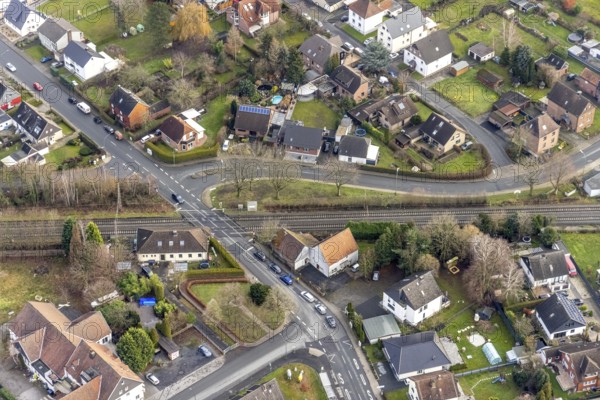 Aerial view railway crossing Wiescherhöfener Straße and waiting cars in Hamm, Ruhr area, North