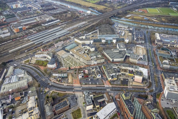 Aerial view city centre view commercial buildings Bahnhofstraße in Hamm, Ruhr area, North