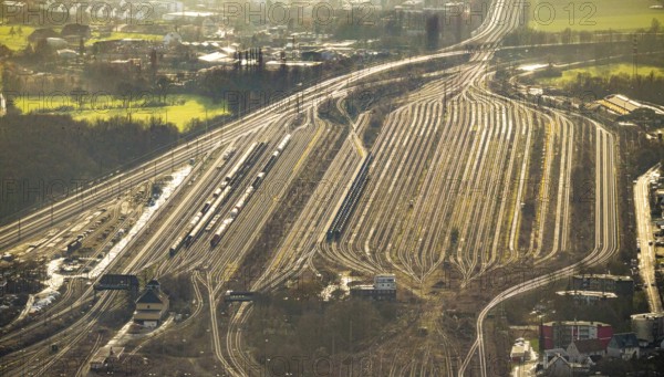 Aerial view shunting yard and freight yard in backlight in Hamm, Ruhr area, North Rhine-Westphalia,