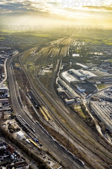Aerial view shunting yard and freight yard in backlight in Hamm, Ruhr area, North Rhine-Westphalia,