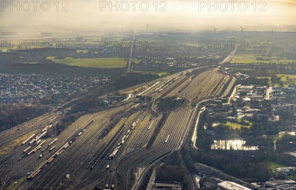 Aerial view shunting yard and freight yard in backlight in Hamm, Ruhr area, North Rhine-Westphalia,