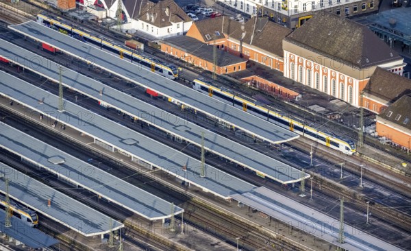 Aerial view Hamm main station in Hamm, Ruhr area, North Rhine-Westphalia, Germany, railway tracks,