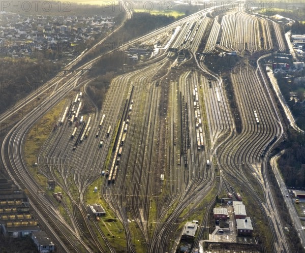 Aerial view shunting yard and freight yard in backlight in Hamm, Ruhr area, North Rhine-Westphalia,