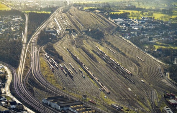 Aerial view shunting yard and freight yard in backlight in Hamm, Ruhr area, North Rhine-Westphalia,