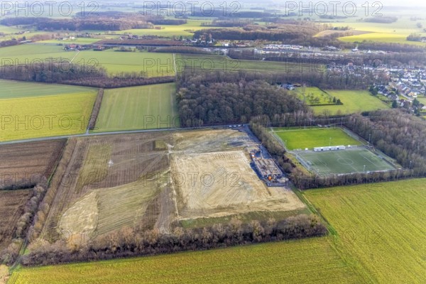 Aerial view open space and construction site football pitch club grounds of SV Westfalia Rhynern An