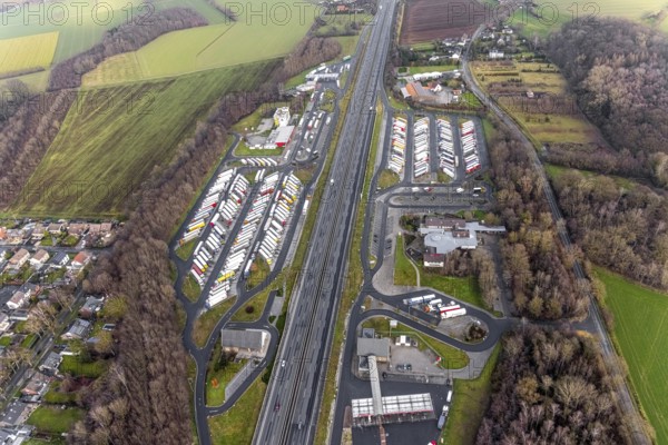 Aerial view motorway service area Rhynern-Nord and Rhynern-Süd on the A2 motorway, truck parking,