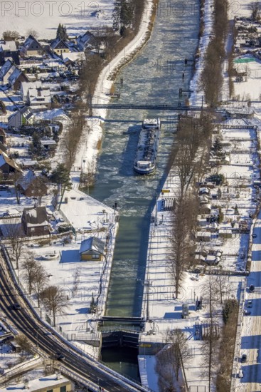 Aerial view, Werries Lock, Datteln-Hamm Canal, ice floes, snow, winter, inland waterway vessel,
