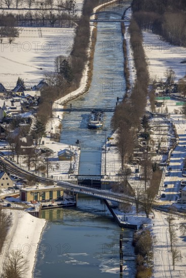 Aerial view, Werries Lock, Datteln-Hamm Canal, ice floes, snow, winter, inland waterway vessel,