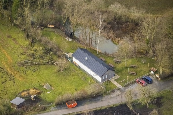 Aerial view of the nature lovers' hut Zum Eisernen Gustav in Hamm, Ruhr area, North