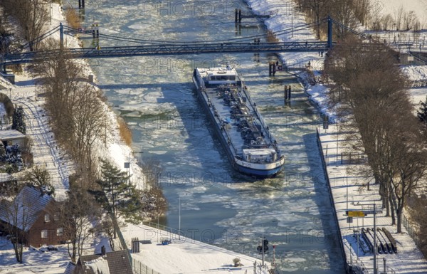 Aerial view, Werries Lock, Datteln-Hamm Canal, ice floes, snow, winter, inland waterway vessel,