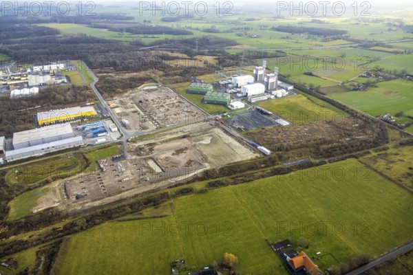 Aerial view Trianel gas power plant Hamm with construction site for Douglas distribution centre and