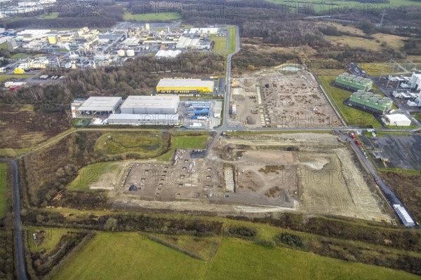 Aerial view construction site for Douglas distribution centre in Uentrop in Hamm, Ruhr area, North