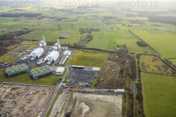 Aerial view Trianel gas-fired power plant Hamm with construction site for Douglas distribution