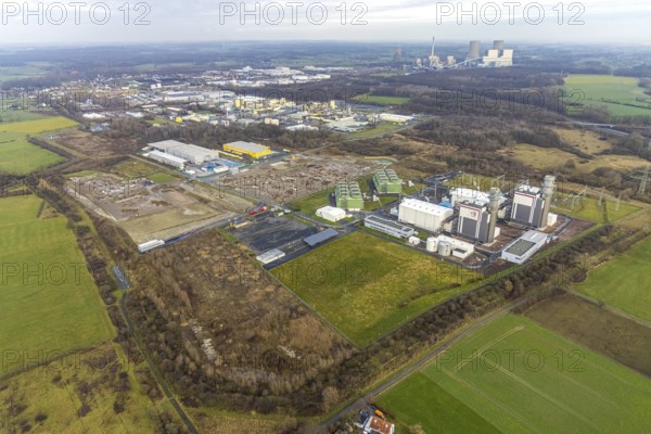 Aerial view Trianel gas power plant Hamm with construction site for Douglas distribution centre and