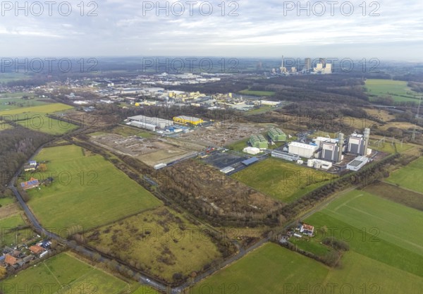 Aerial view Trianel gas power plant Hamm with construction site for Douglas distribution centre and