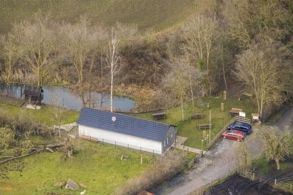 Aerial view of the nature lovers' hut Zum Eisernen Gustav in Hamm, Ruhr area, North