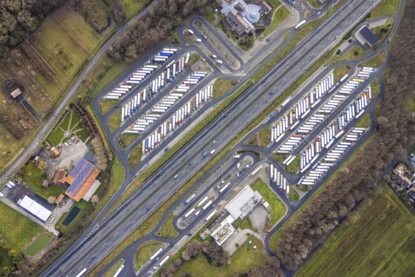Aerial view motorway service area Rhynern-Nord and Rhynern-Süd on the A2 motorway, truck parking,