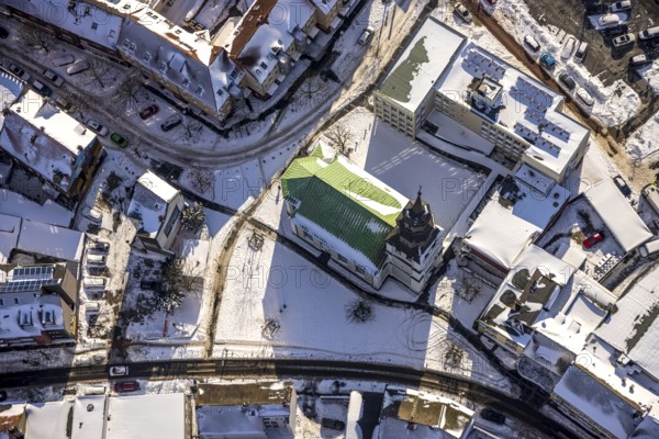 Aerial view, Renovated Protestant Youth Church Martin-Lutzher, Martin-Luther-Platz, snow, winter,